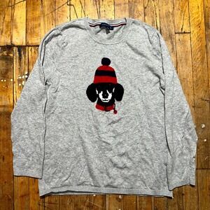 Tommy Hilfiger Sweater Mens XL Gray Dog Graphic Long Sleeve Ribbed Hem Crew Neck